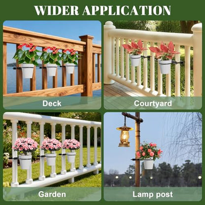 Hanging Flower Pots Holder, 2 Set Deck Railing Plant Container Holder with Pot, Pipe Clip Fence Planters Tray for Indoor & Outdoor Fence Balcony Patio Porch Railing