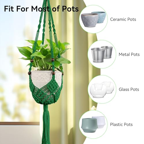 USLAI Macrame Plant Hanger, for Up to 6.5 Inch Pots, 35 Inch, Green, 2 Pack - color: 35+35 Inch - Green