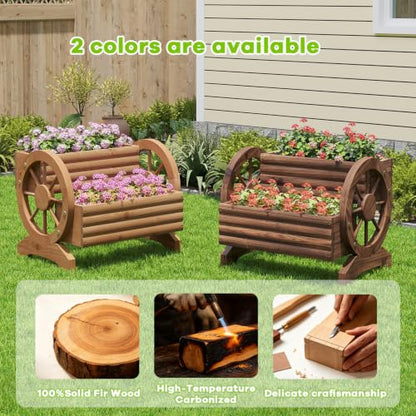 Wood Wagon Planter for outdoor Plants Cute Garden Flower Pots Cart Porch, L - color: Brown-large