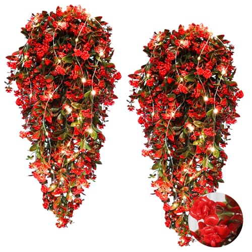 RECUTMS 2Pcs Artificial Red Hanging Flowers with Lights for Outdoor Decor - color: Lights Red-rose