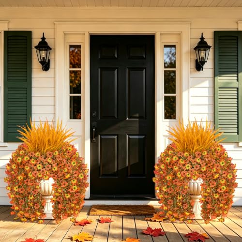 7PCS Artificial Fall Hanging Flowers for Outdoor, Six-Petaled Faux Mums - color: Orange Yellow
