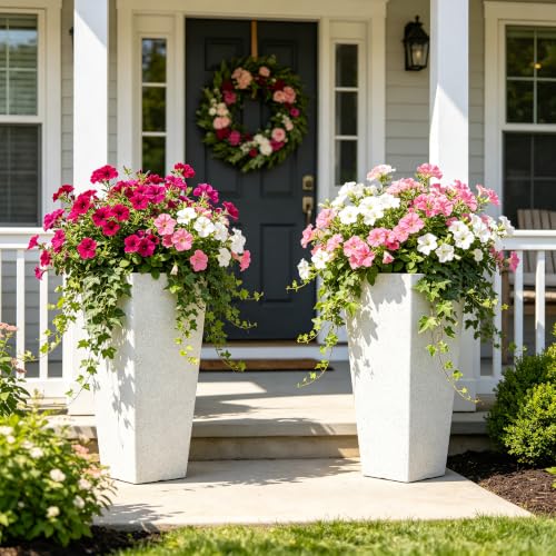 Autodaya 28" Plant Pots Tall Planters for Outdoor Plants Set of 2 with Tray - color: Tall Terrazzo White-28"
