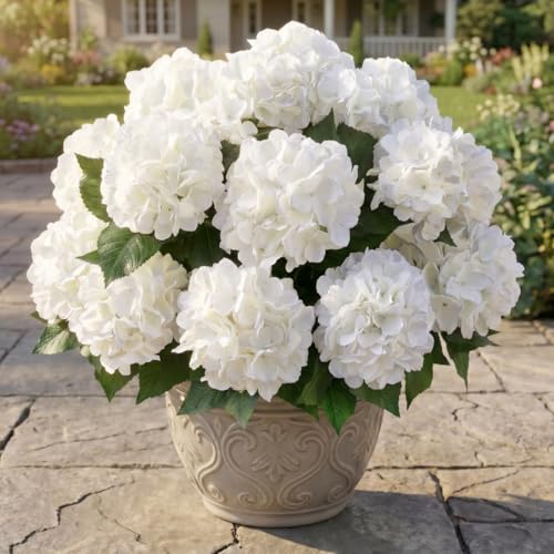 Sousi Hydrangea Artificial Flower for Outdoor, 4 Bundles Fake Hydrangea Bush Plant UV Resistant for Outdoors Front Porch Indoor Home Garden Decor(Off White) - color: Off White