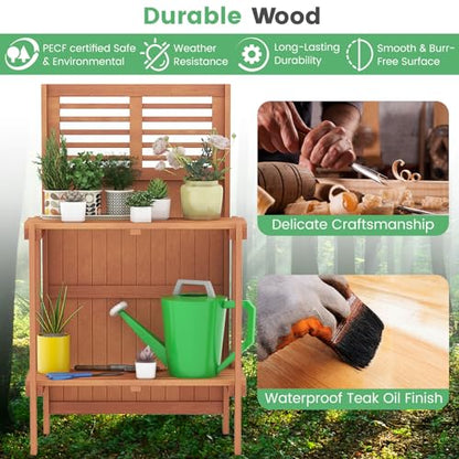 Garden Potting Bench Table, Folding Potting Bench Outdoor Workstation with Trellis & 2-Tier Shelves, Wood Potting Table for Outdoor, Deck, Balcony, Garden, Backyard