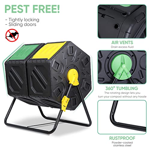 F2C Dual Chamber 37 Gallon Compost Tumbler All-Season Outdoor BPA Free Large Composter Bin w/ 2 Sliding Doors and Solid Steel Frame - size: 37 Gallon