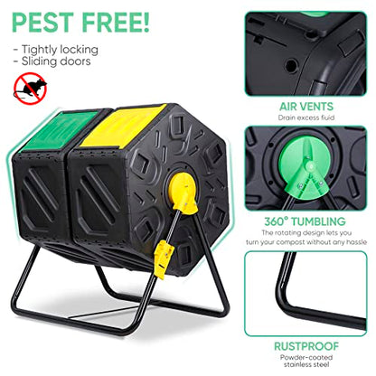 F2C Dual Chamber 37 Gallon Compost Tumbler All-Season Outdoor BPA Free Large Composter Bin w/ 2 Sliding Doors and Solid Steel Frame - size: 37 Gallon
