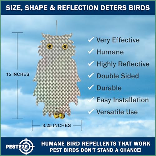 PESTEZE USA Premium Owl Bird Repellent Holographic Decoy with 2 Bells [8.25 × 15 in] Uses Reflective Shine & Sound to Deter Woodpeckers, Pigeons, Crows, Ducks, Geese & Other Outdoor Pests Without Harm