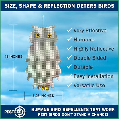 PESTEZE USA Premium Owl Bird Repellent Holographic Decoy with 2 Bells [8.25 × 15 in] Uses Reflective Shine & Sound to Deter Woodpeckers, Pigeons, Crows, Ducks, Geese & Other Outdoor Pests Without Harm