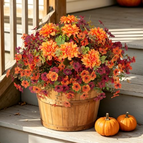 Hrobek Artificial Mums for Outdoors Planter Silk Fake Flower for Fall Decor - color: 3 Color Mixed (1 Orange Dahlia ,6 Orange Mums,5 Brown Mums)