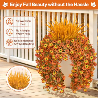 7PCS Artificial Fall Hanging Flowers for Outdoor, Six-Petaled Faux Mums - color: Orange Yellow