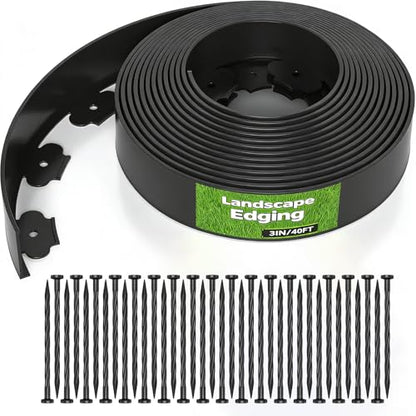 40 FT Landscape Edging Kit with 36 Spikes - 3 Inch High Flexible Plastic Garden Border - No-Dig Lawn Edging for Flower Beds, Pathways, and Yards - Durable Black Landscape Border(3in x 40FT) - size: 3in x 40FT