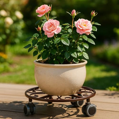 3 Pack Plant Caddy with Wheels & Saucers, Heavy Duty 13.5 Inch Metal Plant Stand with Wheels, Plant Dolly Rolling Plant Stand Plant Roller with Casters for Indoor and Outdoor, Bronze