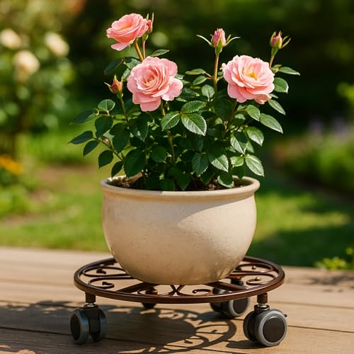 3 Pack Plant Caddy with Wheels & Saucers, Heavy Duty 13.5 Inch Metal Plant Stand with Wheels, Plant Dolly Rolling Plant Stand Plant Roller with Casters for Indoor and Outdoor, Bronze