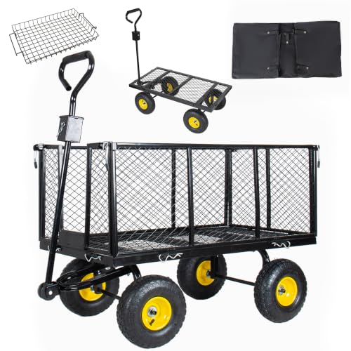 4-in-1 Steel Dump Garden Cart with Removable Liner and Mesh Tray