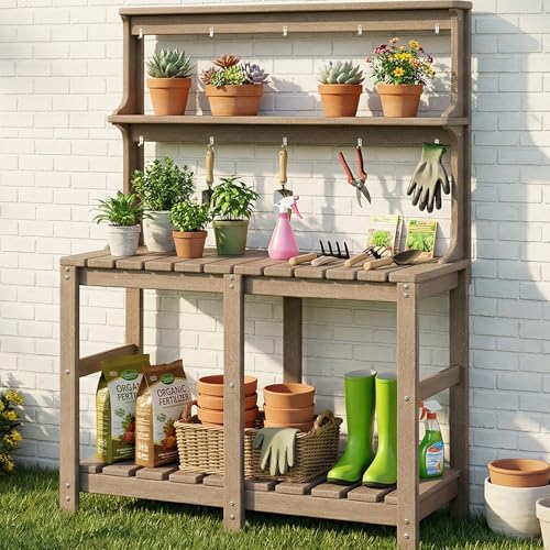 Outdoor Potting Bench with 3 Tier, All-Weather Patio Potting Table with Tool Hooks, HDPE Gardening Table for Backyard, Garden, Brown - color: Brown