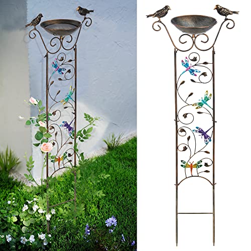 SUNNYPARK 43.5 Inch Metal Bird Bath Bowl with Garden Trellis Outdoor - size: Dragonfly