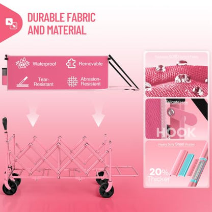 HIKEMOON 43'' Extra Long Folding Wagon with Extended Tailgate, Pink - color: Pink