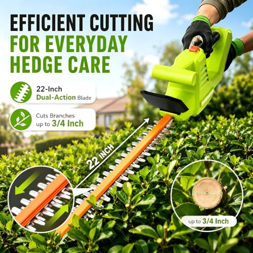 20V Lightweight Hedge Trimmer Cordless with 2 Batteries & Charger, 3/4" Cut