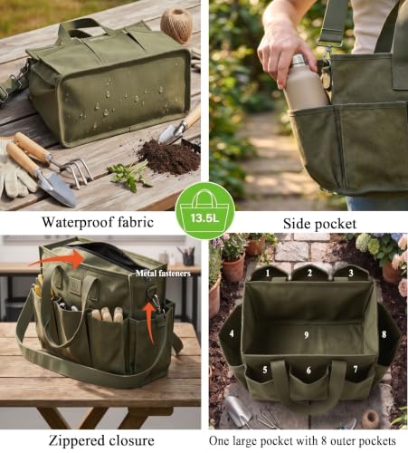 Garden Tool Bag, 9-Pocket Gardening Organizer Tote with Shoulder Strap, Heavy Duty Green Tool Bag