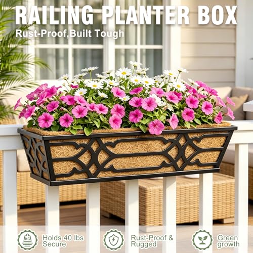 4 Pack 24 Inch Window Boxes Planters with PET Tray and Coco Liner, Metal Railing Planter Boxes for Outdoor Plants, Heavy Duty Hanging Garden Trough for Porch Deck Railing and Backyard Fence - size: 24 Inch