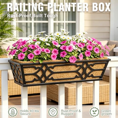4 Pack 24 Inch Window Boxes Planters with PET Tray and Coco Liner, Metal Railing Planter Boxes for Outdoor Plants, Heavy Duty Hanging Garden Trough for Porch Deck Railing and Backyard Fence - size: 24 Inch