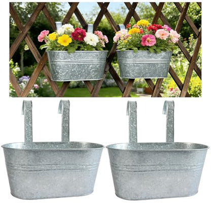 2 Pack 10" Galvanized Hanging Railing Planters with Hooks and Drainage - size: 10 Inch