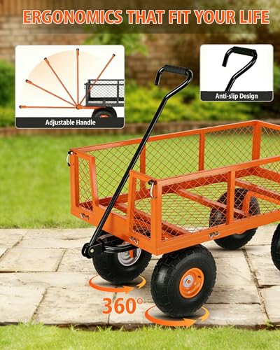 900 LBS Heavy Duty Steel Garden Cart, 3-in-1 Yard Wagon, 10" Air Tires - color: Orange, size: 900LBS