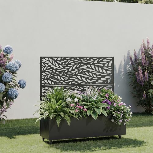 Metal Raised Garden Bed with Trellis and Wheels, 47"x47"x16" (Black-Leaf) - color: Black-leaf, size: 47"x47"x16"