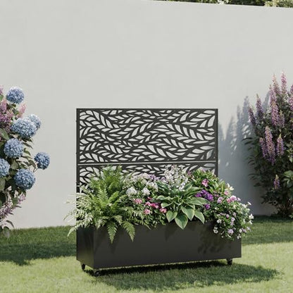 Metal Raised Garden Bed with Trellis and Wheels, 47"x47"x16" (Black-Leaf) - color: Black-leaf, size: 47"x47"x16"