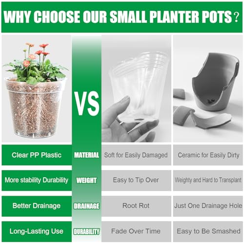 BTPLASTIK 50 Pack 2.5 Inch Clear Nursery Pots for Plants, Sturdy Plastic Plant Pot for Planting Vegetables Flowers Seedlings, Transparent Seed Starter Pots with Drainage Holes, garden, Gardening Gifts - size: 2.5 Inch-50P
