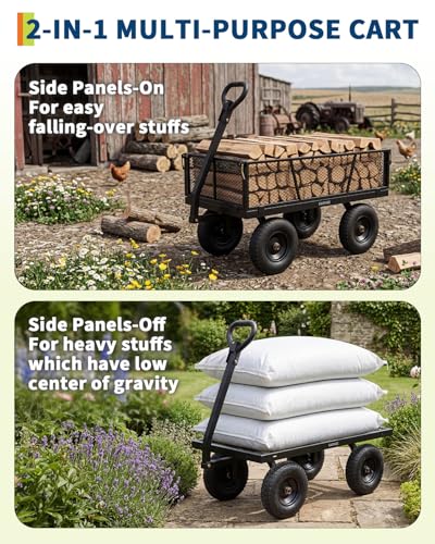 1200LB Heavy Duty Steel Garden Cart, Utility Wagon w/ 13" Tires, Mesh Sides - size: Black 1200LBS