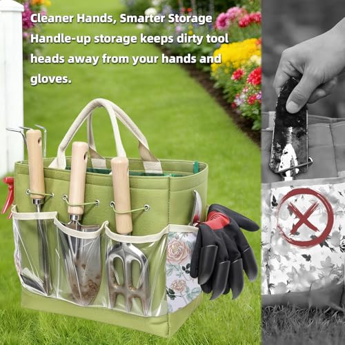Garden Tools Set, 9-Piece Heavy Duty Gardening Tools with Clear Pocket Tote Bag, Stainless Steel Garden Hand Tools for Digging, Planting, Weeding and Pruning, Durable Gardening Kit - style: Green