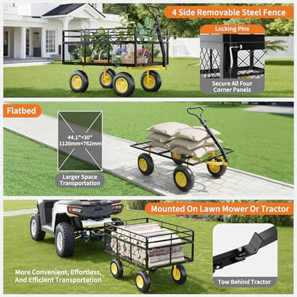 3-in-1 Heavy-Duty Steel Garden Cart, 1400 Lbs Garden Wagon, with 13 Inch All-Terrain Tires and Removable Mesh Side Panels, 180° Rotating Handle, Metal Multi-Function Carts, Outdoor Gardens Wagon Cart - color: Black + Yellow, size: 1400 Lb