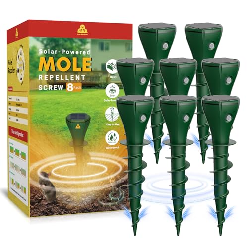 8 Packs Mole Repeller for Lawns, Solar Powered Mole Repellent Ultrasonic Vole & Gopher Deterrent, IP 65 Waterproof Humane Pest Control for Gopher Vole Snake in Lawn, Garden & Yard