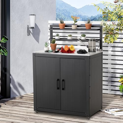 FEASTO Outdoor Potting Bench Table with Storage Cabinet - color: Black