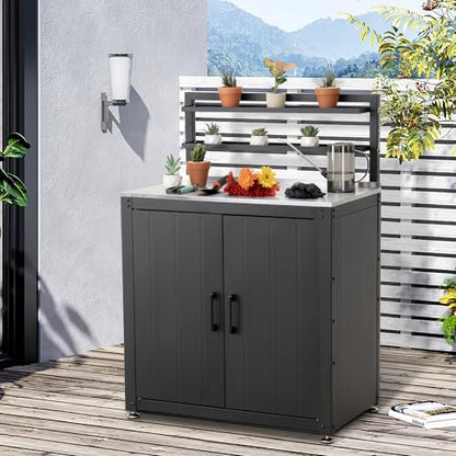 FEASTO Outdoor Potting Bench Table with Storage Cabinet - color: Black
