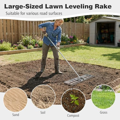 36" x 10" Lawn Leveling Rake, Heavy Duty Landscape Rake with 69" Handle, Non-Slip Grip & Flat Head, Space-Saving Lawn Level Tool for Garden, Backyard, Golf Course & Sports Field (Silver) - color: Silver
