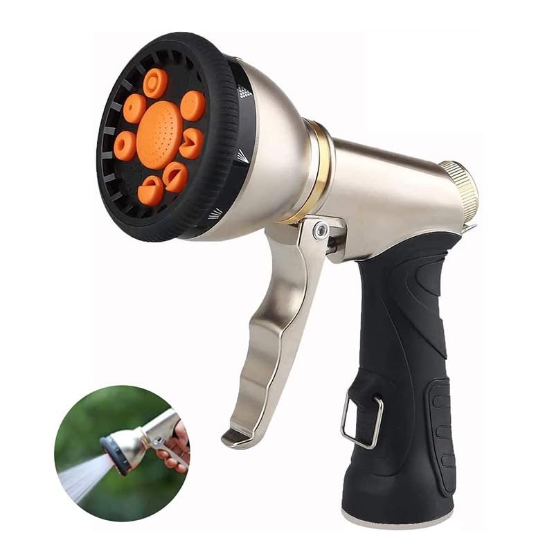 Garden Hose Nozzle – Heavy Duty Metal Hose Sprayer with 9 Spray Patterns, Thumb Control, High Pressure Water Nozzle for Watering Plants, Lawn, Car Wash, and Cleaning - color: 1c.Golden (Heavy Duty)