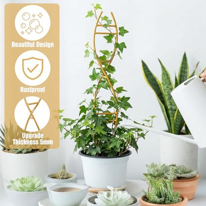 4 Pcs Glod Indoor Plant Trellis for Potted Plants - Durable Metal Climbing Trellis with Unique DNA Spiral Design for Vining Plants, Easy Installation for Indoor & Outdoor Use