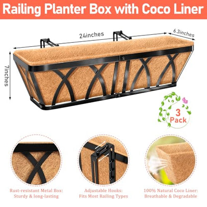 Riare 3 Pack 24 Inch Metal Railing Planter Window Box with Coco Liner- Adjustable Window Flower Boxes for Railings, Hanging Rail Planters for Deck, Balcony, Porch, Fence, Indoor Outdoor Plants - size: 24in