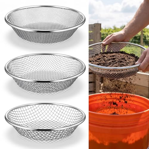 3 Pcs Soil Sifter for Gardening Dirt Sifter Heavy Duty Stainless Steel Sieve Fits 5 Gallon Bucket Rust Resistant 3 Apertures 3mm 6mm 10mm Rock Compost Screen