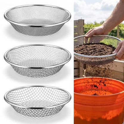 3 Pcs Soil Sifter for Gardening Dirt Sifter Heavy Duty Stainless Steel Sieve Fits 5 Gallon Bucket Rust Resistant 3 Apertures 3mm 6mm 10mm Rock Compost Screen