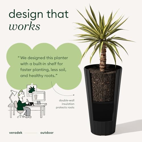 Veradek Column Series Tall Planter - Tapered Outdoor Planter with Shelf - color: Black, style: Wide Groove