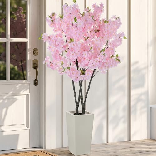 BLOSMON Artificial Cherry Blossom Tree for Porch, 5ft, Pink, with Planter - color: Pink Cherry Blossom