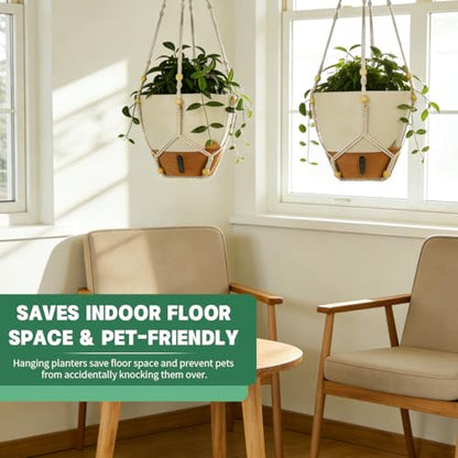 Self-Watering Hanging Planters for Indoor Plants Set 2-Piece Includes Plant Hanging Pot, Drainage-Hole Hanging Pot, and Hanging Basket Rack (10 Inches, White) - color: White