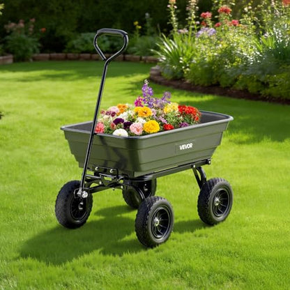 VEVOR 4 Cu.Ft 600LBS Poly Garden Cart Dump Wagon, 4 Wheel Heavy Duty Wheelbarrow with 10" Flat Free Tires, Yard Cart Dump Wagon with Quick-Release System - color: Darkgrey