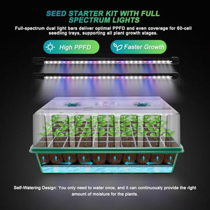 GOOINMILL Self-Watering Seed Starter Tray with Timed Grow Light, 60 Cells Plant Starter Tray Seedling Starter Kit with Humidity Domes Base Indoor Mini Greenhouse Plant Germination Trays