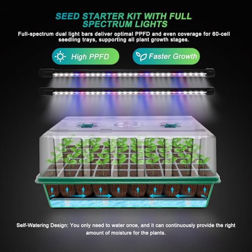 GOOINMILL Self-Watering Seed Starter Tray with Timed Grow Light, 60 Cells Plant Starter Tray Seedling Starter Kit with Humidity Domes Base Indoor Mini Greenhouse Plant Germination Trays