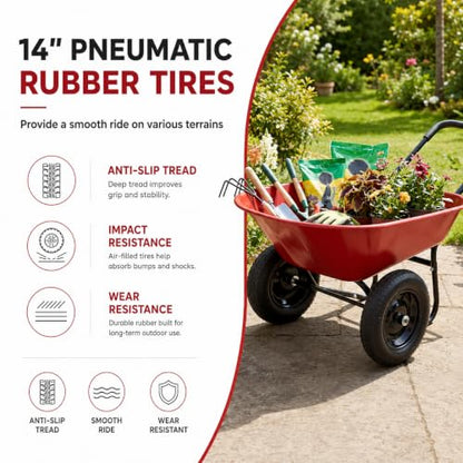Enlarged Dual-Wheel Wheelbarrow, Easy Loading and Dumping Garden Cart, Heavy Duty Utility Dump Cart for Lawn, Yard, Farm, Gardening & Planting (Red) - color: Red
