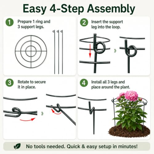 Peony Cages and Supports, 8 Pack 12 x 15.7 in Metal Plant Support Rings Set